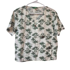 Dip Women's White with Green Print Linen/Rayon Short Sleeve Wrap Front Shirt EUC